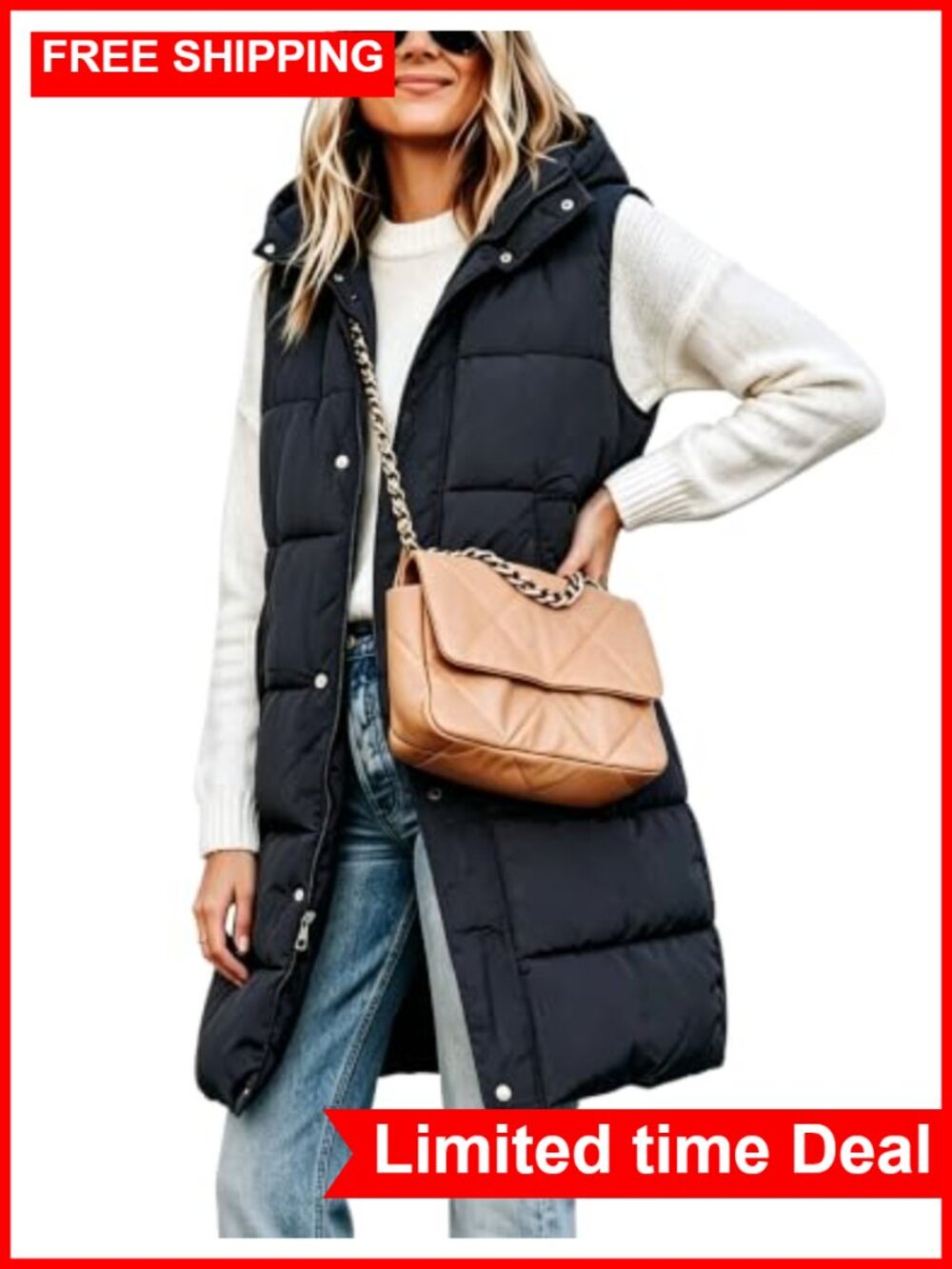 Womens Long Puffer Vest Removable Hood Sleeveless Zip Up Quilted Gilet